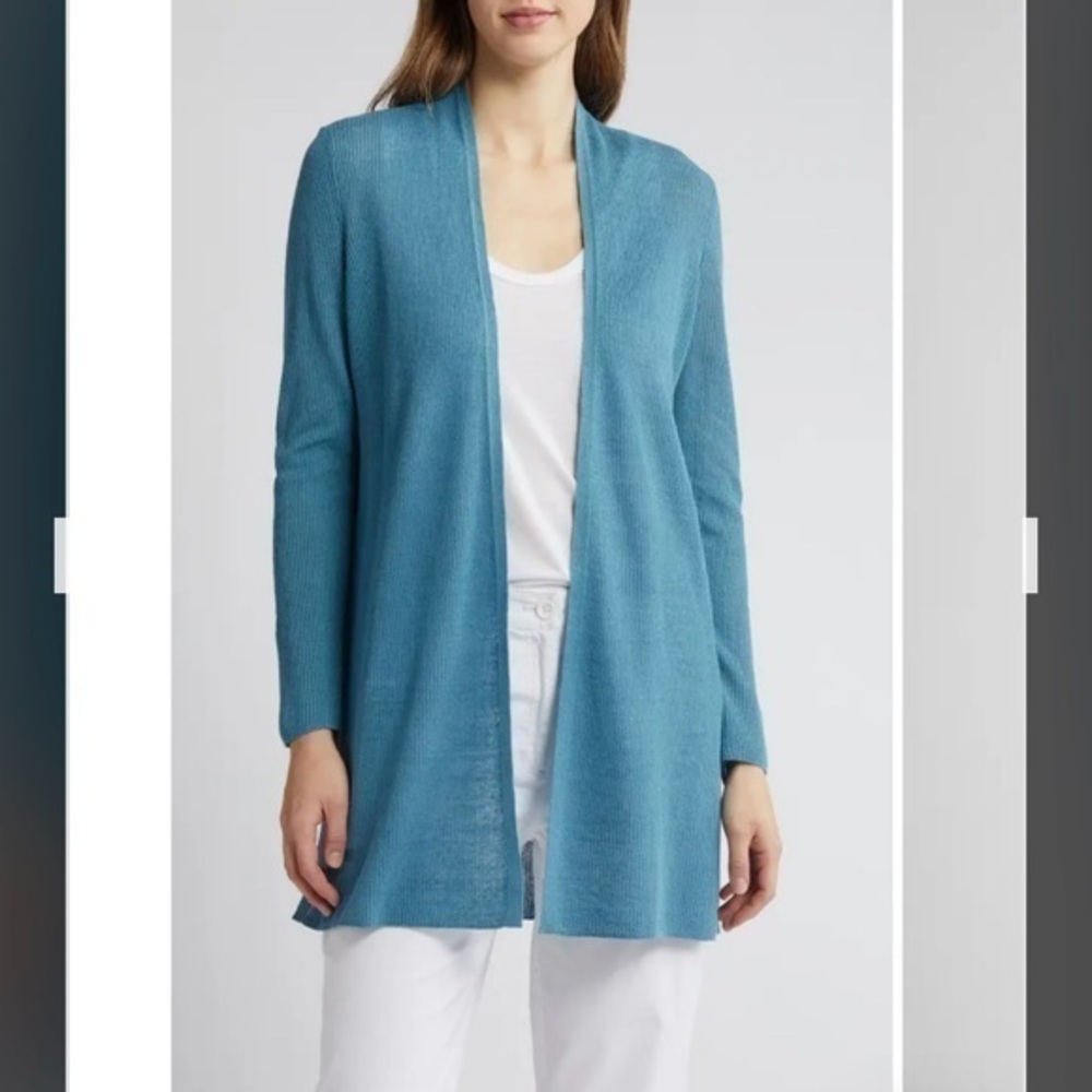 Eileen Fisher Long Organic Linen & Organic Cotton Cardigan in River Size S